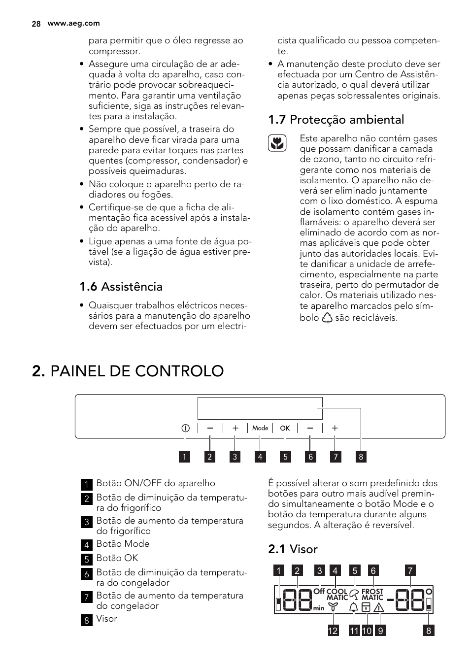 Painel de controlo, 6 assistência, 7 protecção ambiental | 1 visor | AEG SCT71800S1 User Manual | Page 28 / 76