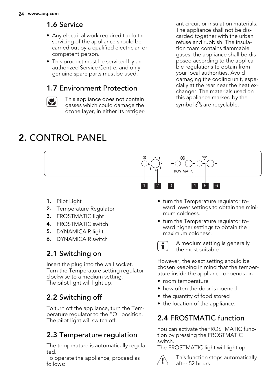 Control panel, 6 service, 7 environment protection | 1 switching on, 2 switching off, 3 temperature regulation, 4 frostmatic function | AEG SCS81800F0 User Manual | Page 24 / 84