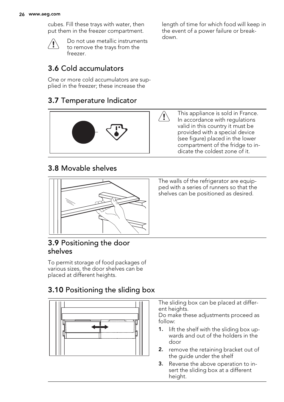 6 cold accumulators, 7 temperature indicator, 8 movable shelves | 9 positioning the door shelves, 10 positioning the sliding box | AEG SCS81800F0 User Manual | Page 26 / 84