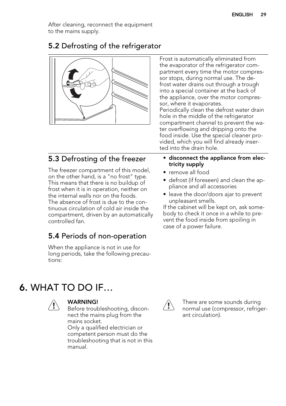 What to do if, 2 defrosting of the refrigerator, 3 defrosting of the freezer | 4 periods of non-operation | AEG SCS81800F0 User Manual | Page 29 / 84