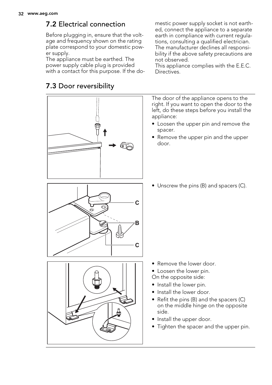 2 electrical connection, 3 door reversibility | AEG SCS81800F0 User Manual | Page 32 / 84
