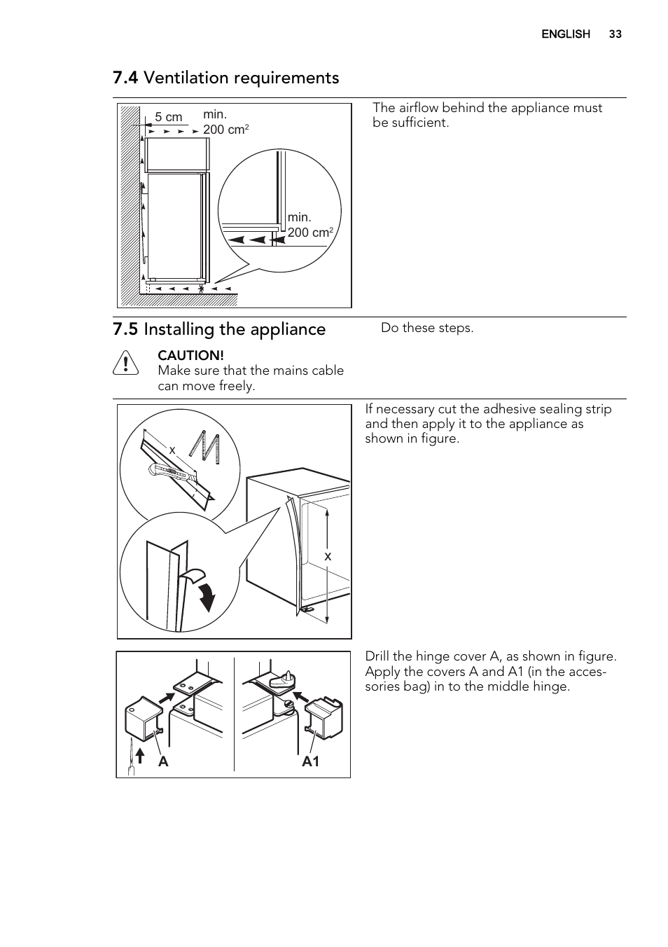 4 ventilation requirements, 5 installing the appliance | AEG SCS81800F0 User Manual | Page 33 / 84