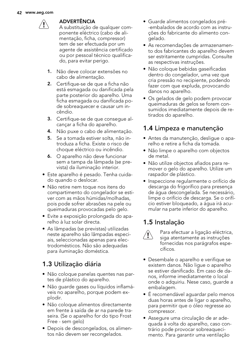 3 utilização diária, 4 limpeza e manutenção, 5 instalação | AEG SCS81800F0 User Manual | Page 42 / 84