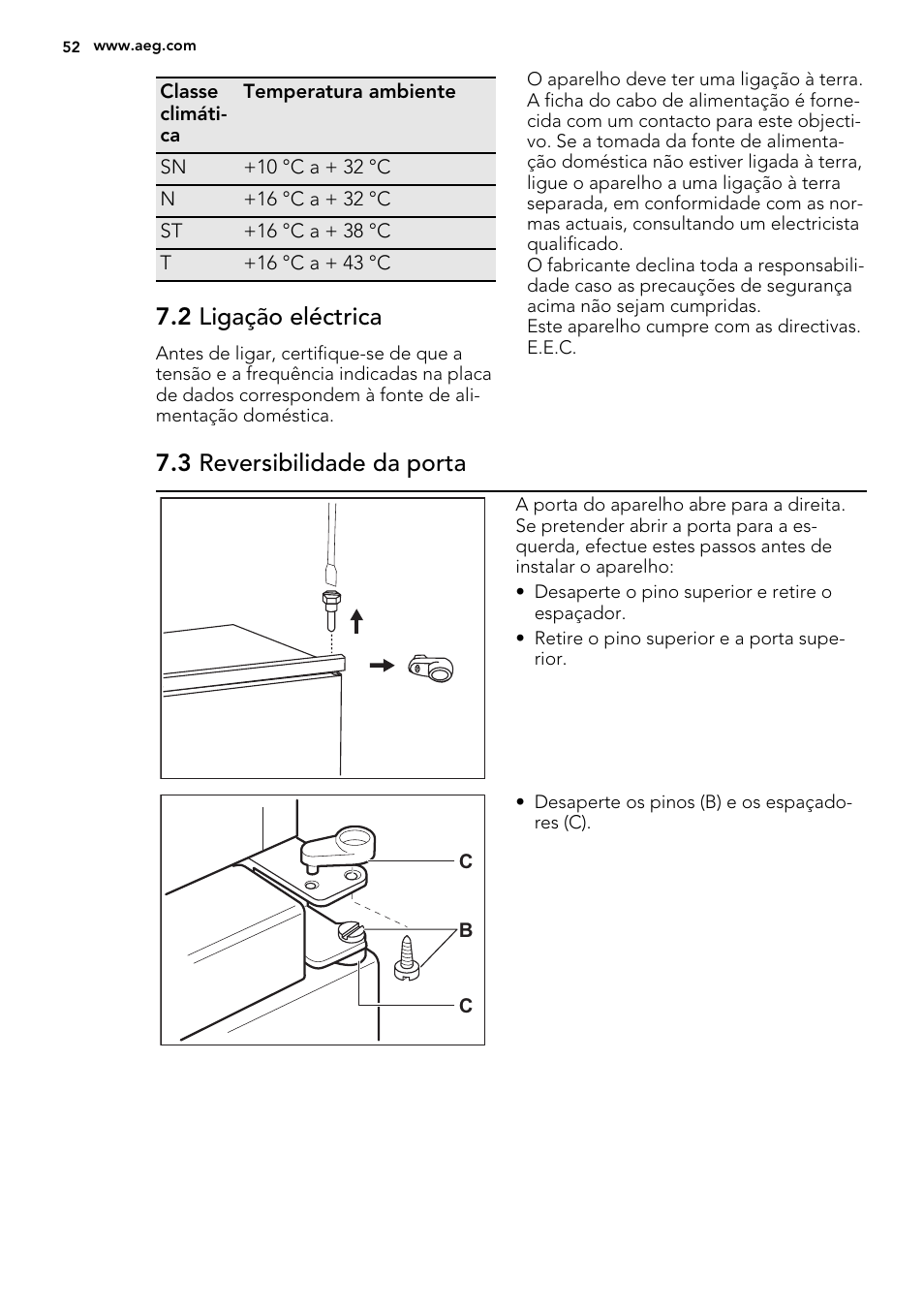 2 ligação eléctrica, 3 reversibilidade da porta | AEG SCS81800F0 User Manual | Page 52 / 84