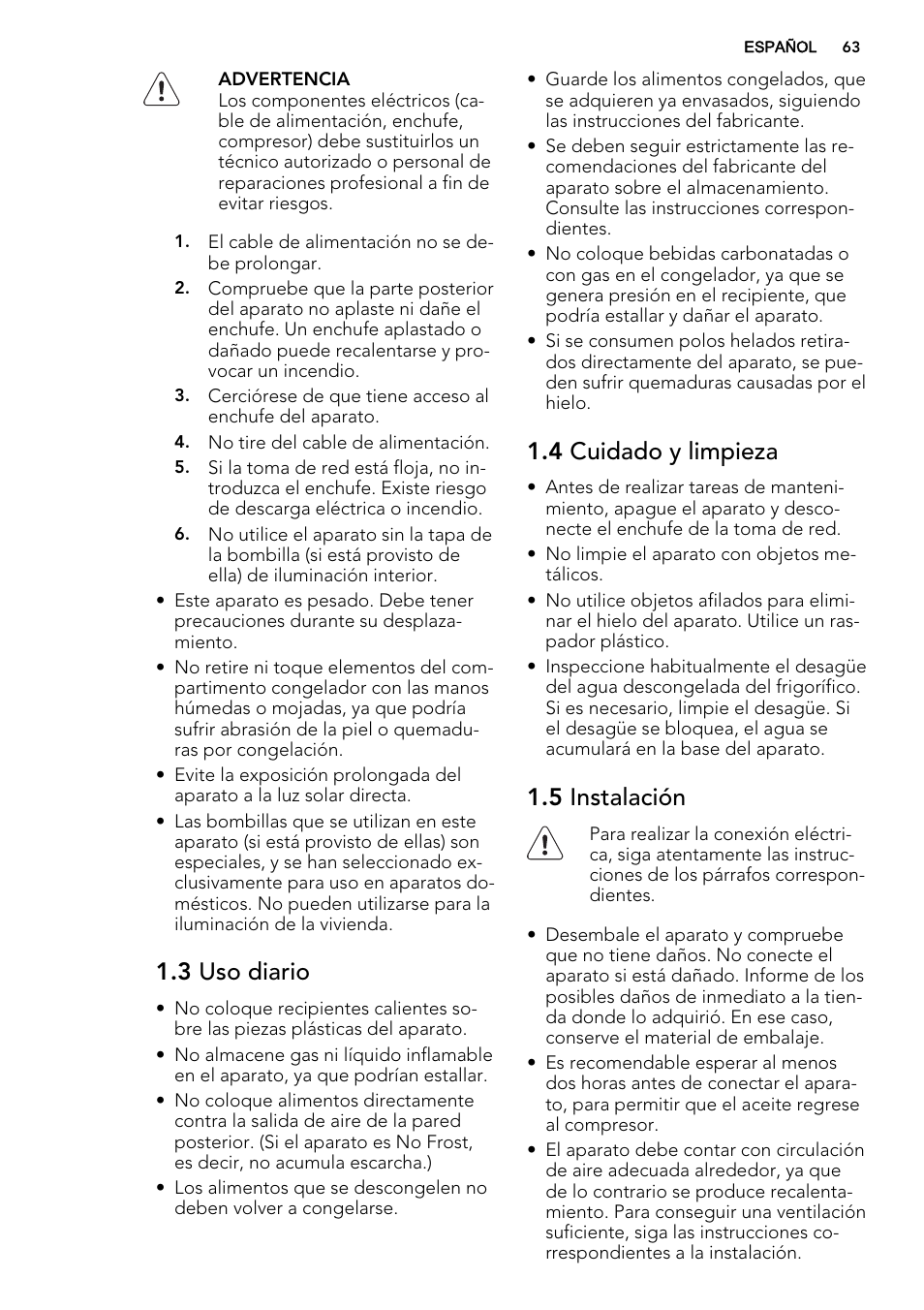 3 uso diario, 4 cuidado y limpieza, 5 instalación | AEG SCS81800F0 User Manual | Page 63 / 84