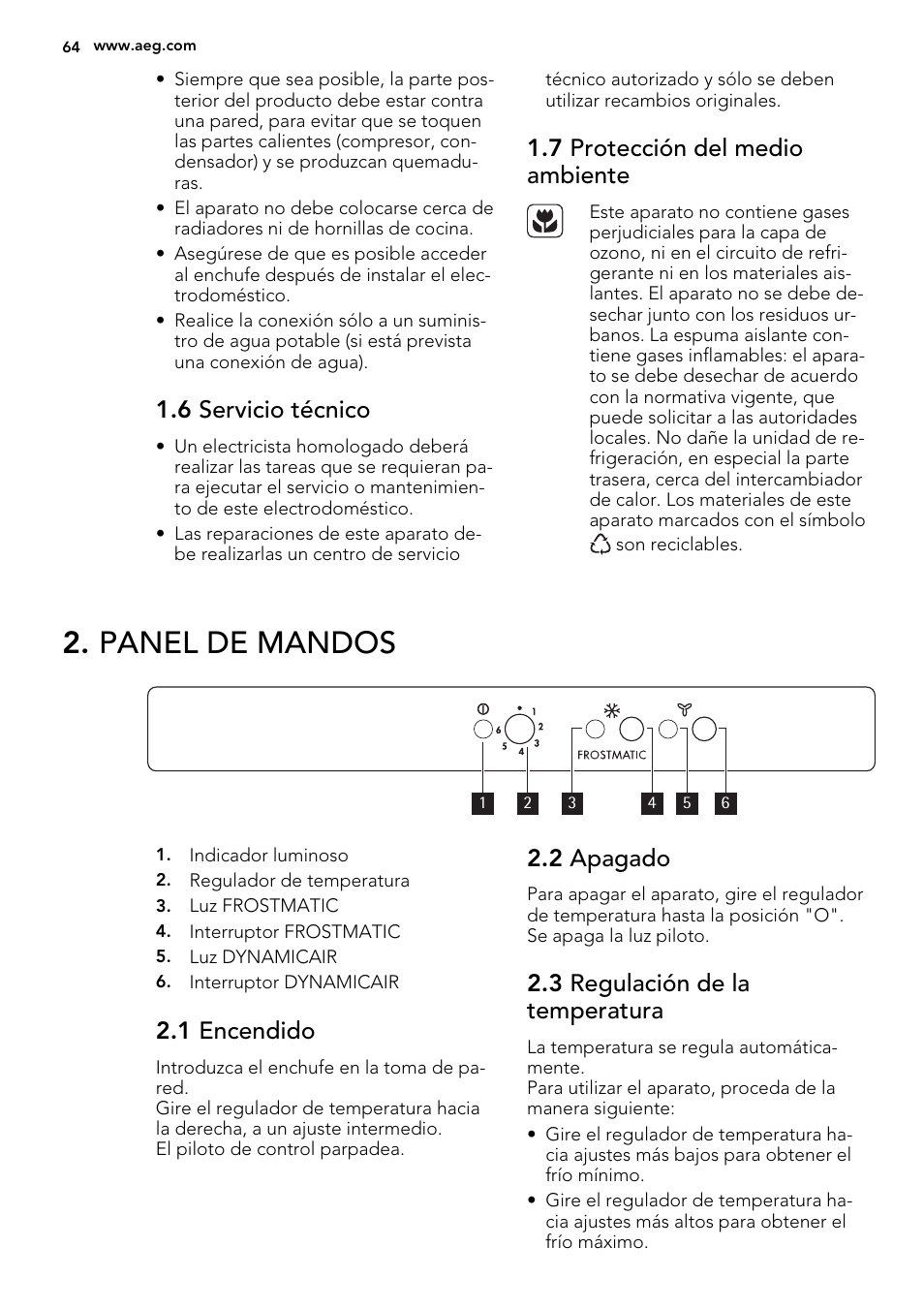 Panel de mandos, 6 servicio técnico, 7 protección del medio ambiente | 1 encendido, 2 apagado, 3 regulación de la temperatura | AEG SCS81800F0 User Manual | Page 64 / 84