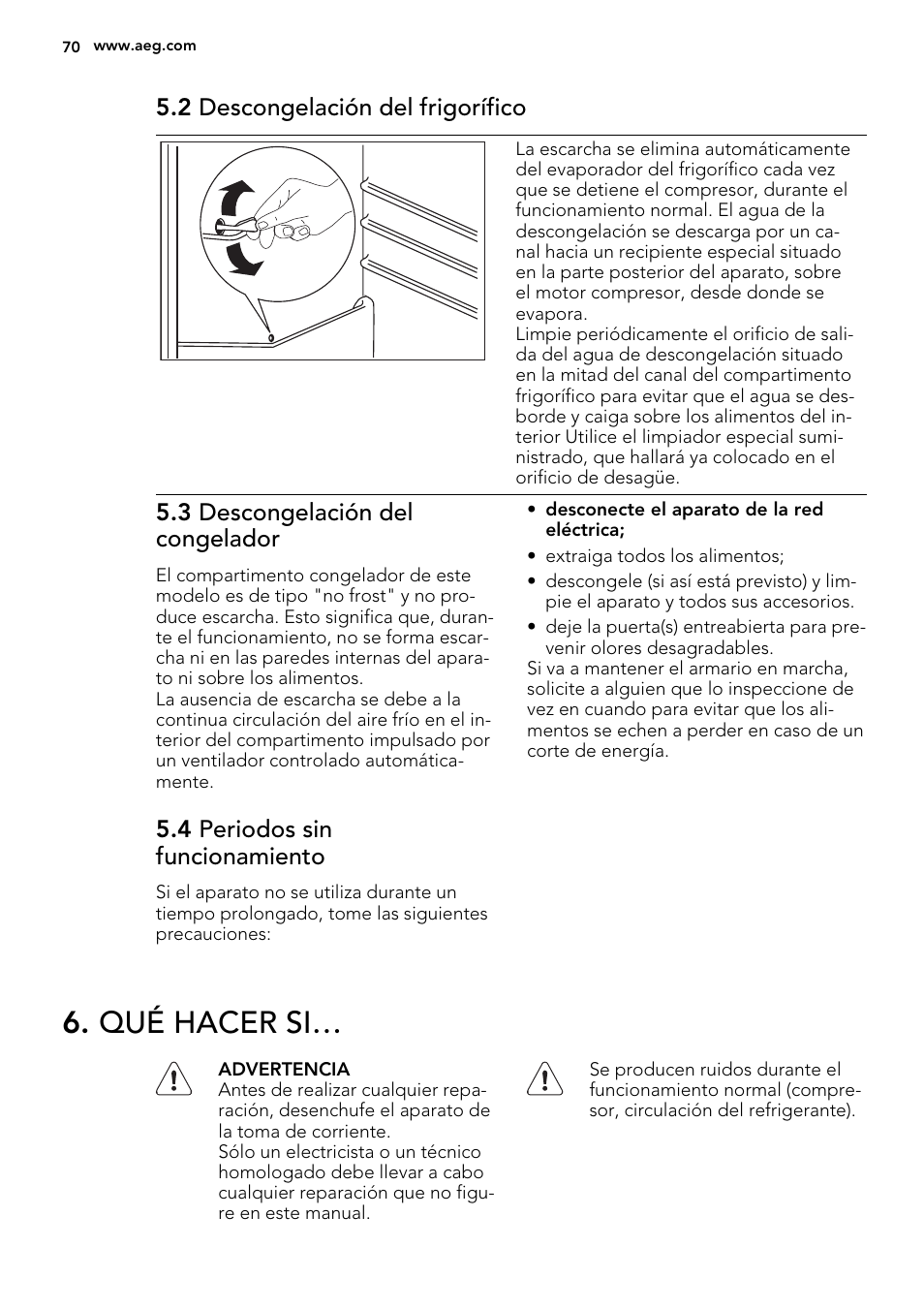 Qué hacer si, 2 descongelación del frigorífico, 3 descongelación del congelador | 4 periodos sin funcionamiento | AEG SCS81800F0 User Manual | Page 70 / 84