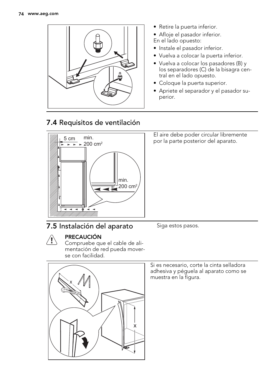 4 requisitos de ventilación, 5 instalación del aparato | AEG SCS81800F0 User Manual | Page 74 / 84