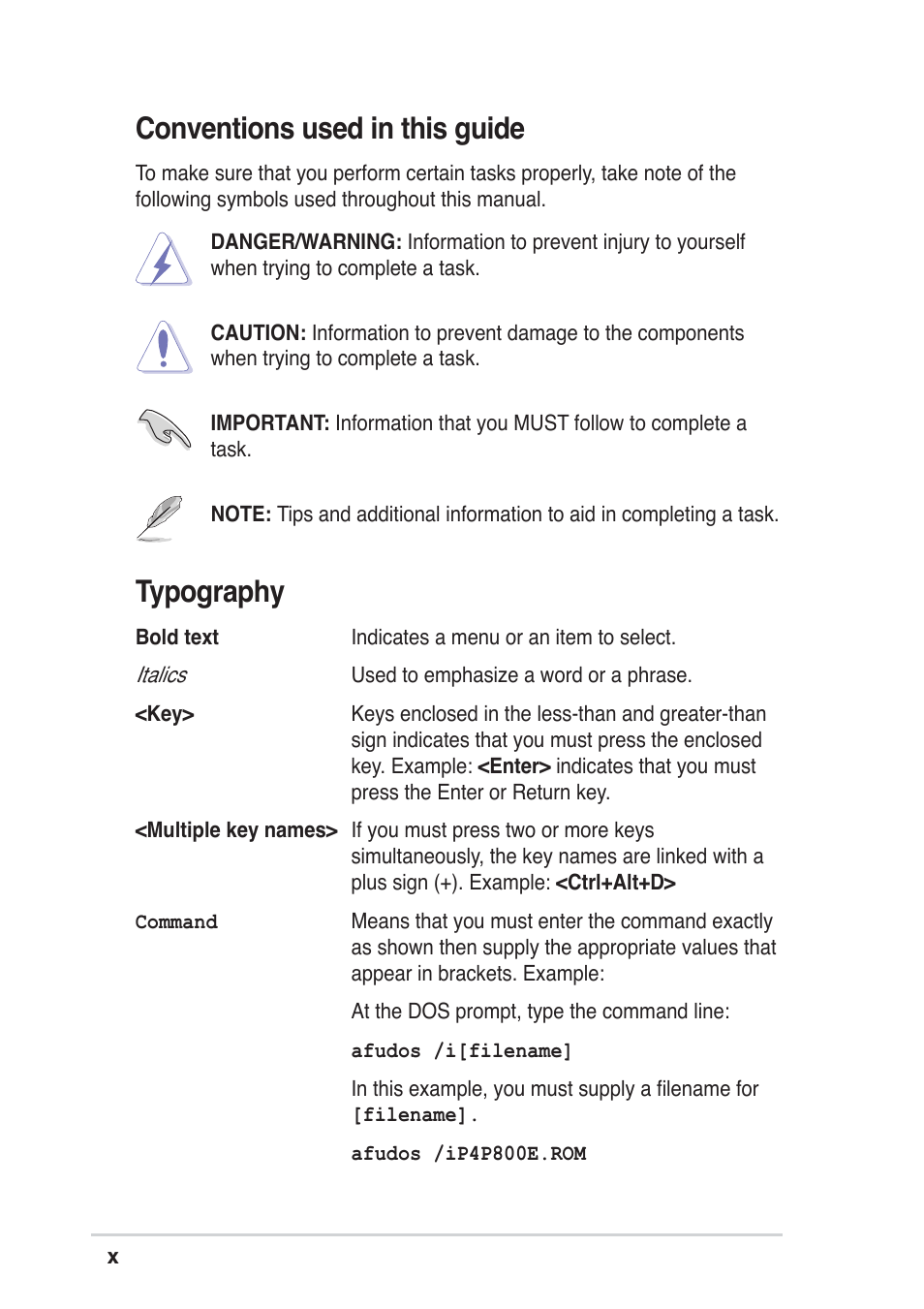 Conventions used in this guide, Typography | Asus P4P800 SE User Manual | Page 10 / 125