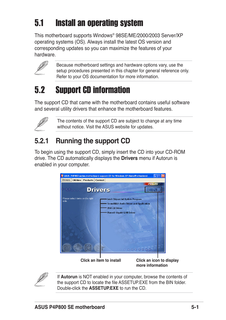 1 install an operating system, 2 support cd information, 1 running the support cd | Asus P4P800 SE User Manual | Page 103 / 125