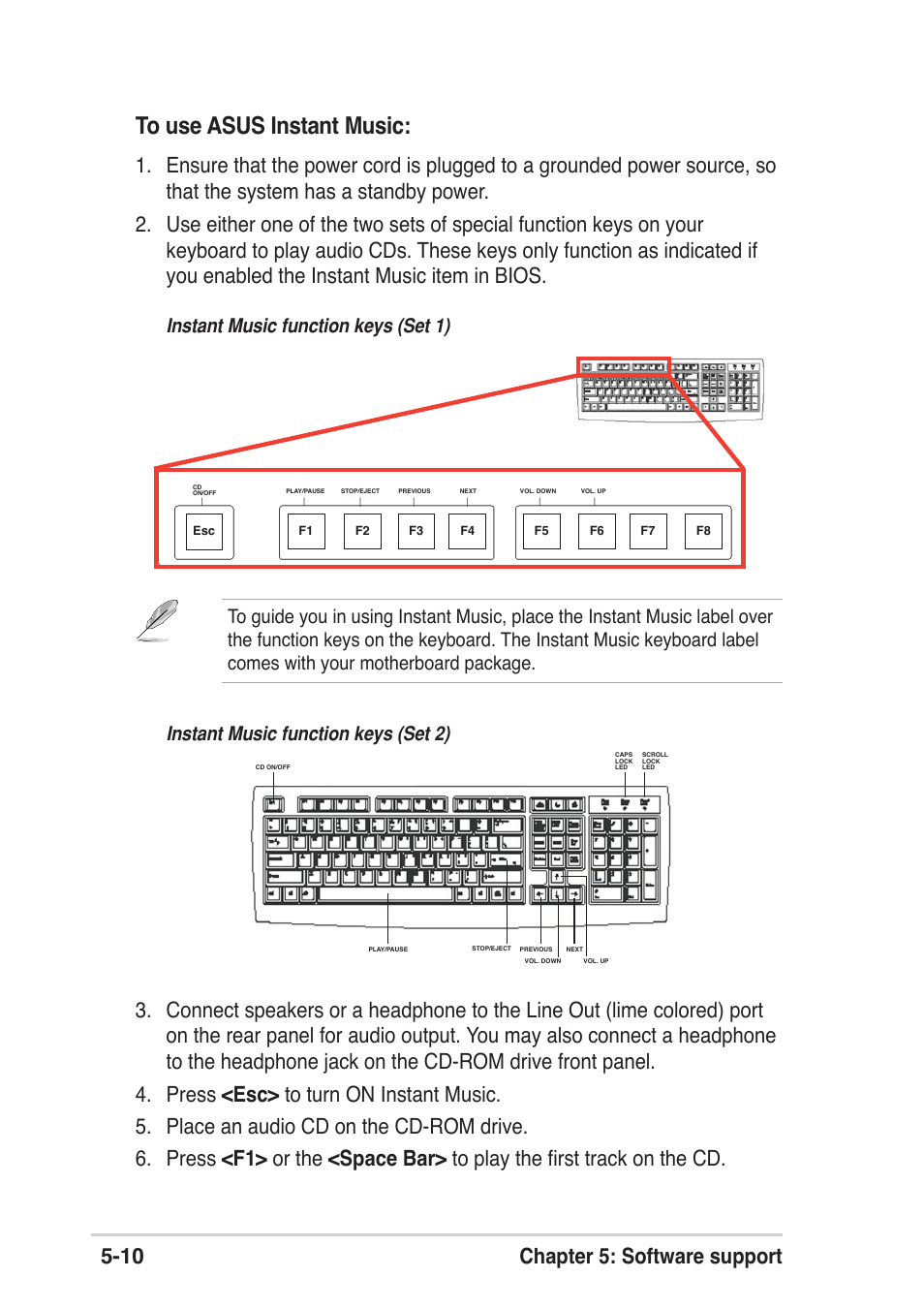 10 chapter 5: software support, Instant music function keys (set 1) | Asus P4P800 SE User Manual | Page 112 / 125