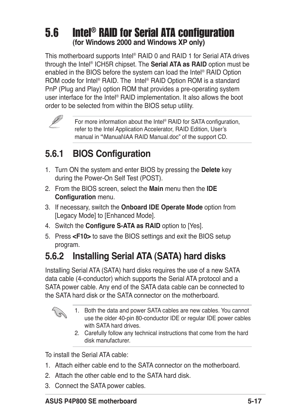 6 intel, Raid for serial ata configuration, 1 bios configuration | 2 installing serial ata (sata) hard disks | Asus P4P800 SE User Manual | Page 119 / 125