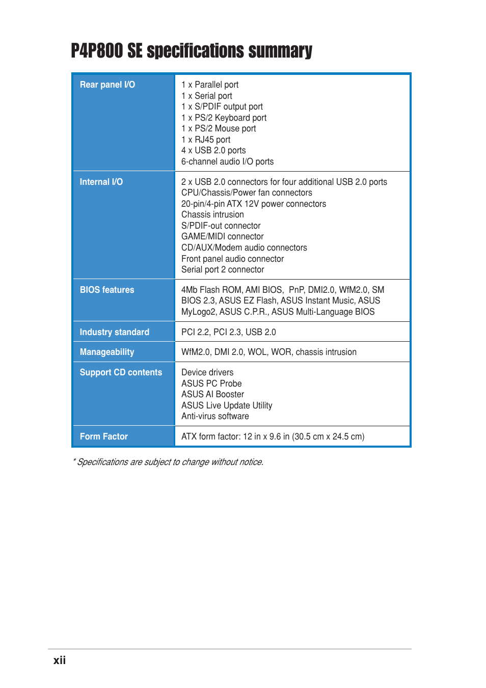 P4p800 se specifications summary | Asus P4P800 SE User Manual | Page 12 / 125