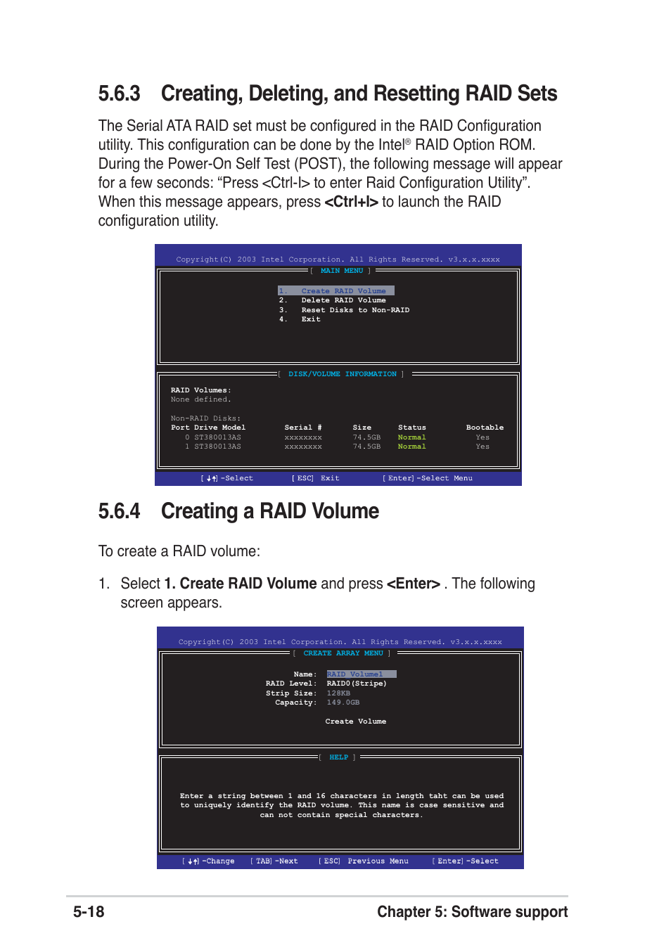 4 creating a raid volume, 3 creating, deleting, and resetting raid sets, 18 chapter 5: software support | Asus P4P800 SE User Manual | Page 120 / 125