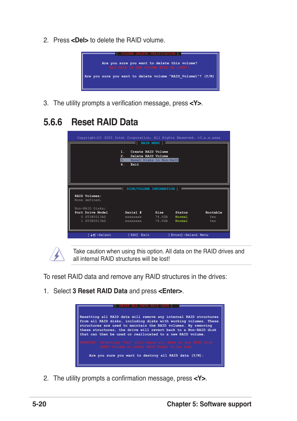 6 reset raid data, 20 chapter 5: software support, Press <del> to delete the raid volume | Asus P4P800 SE User Manual | Page 122 / 125