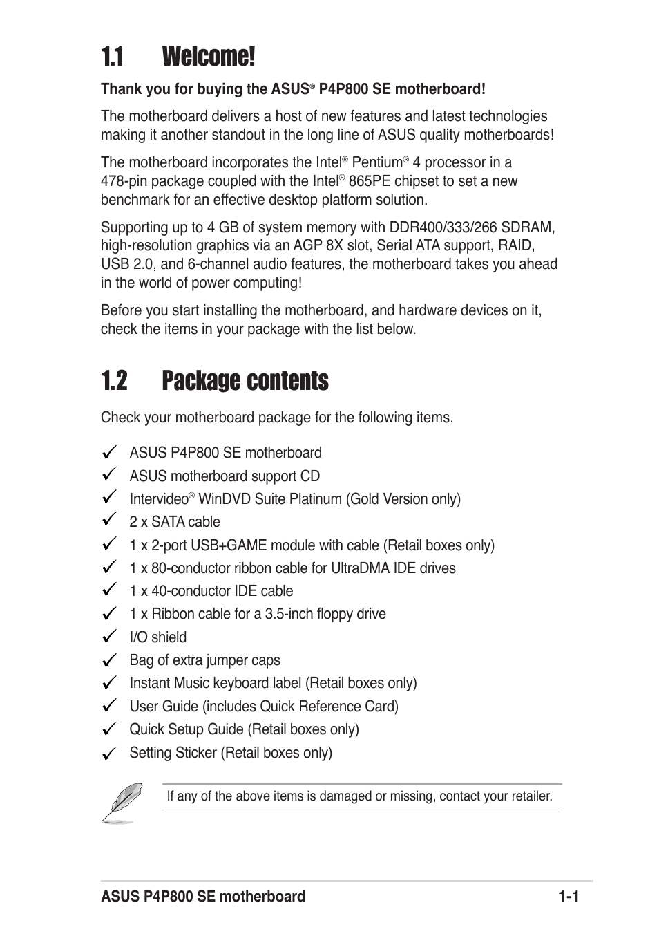 1 welcome! 1.2 package contents | Asus P4P800 SE User Manual | Page 15 / 125