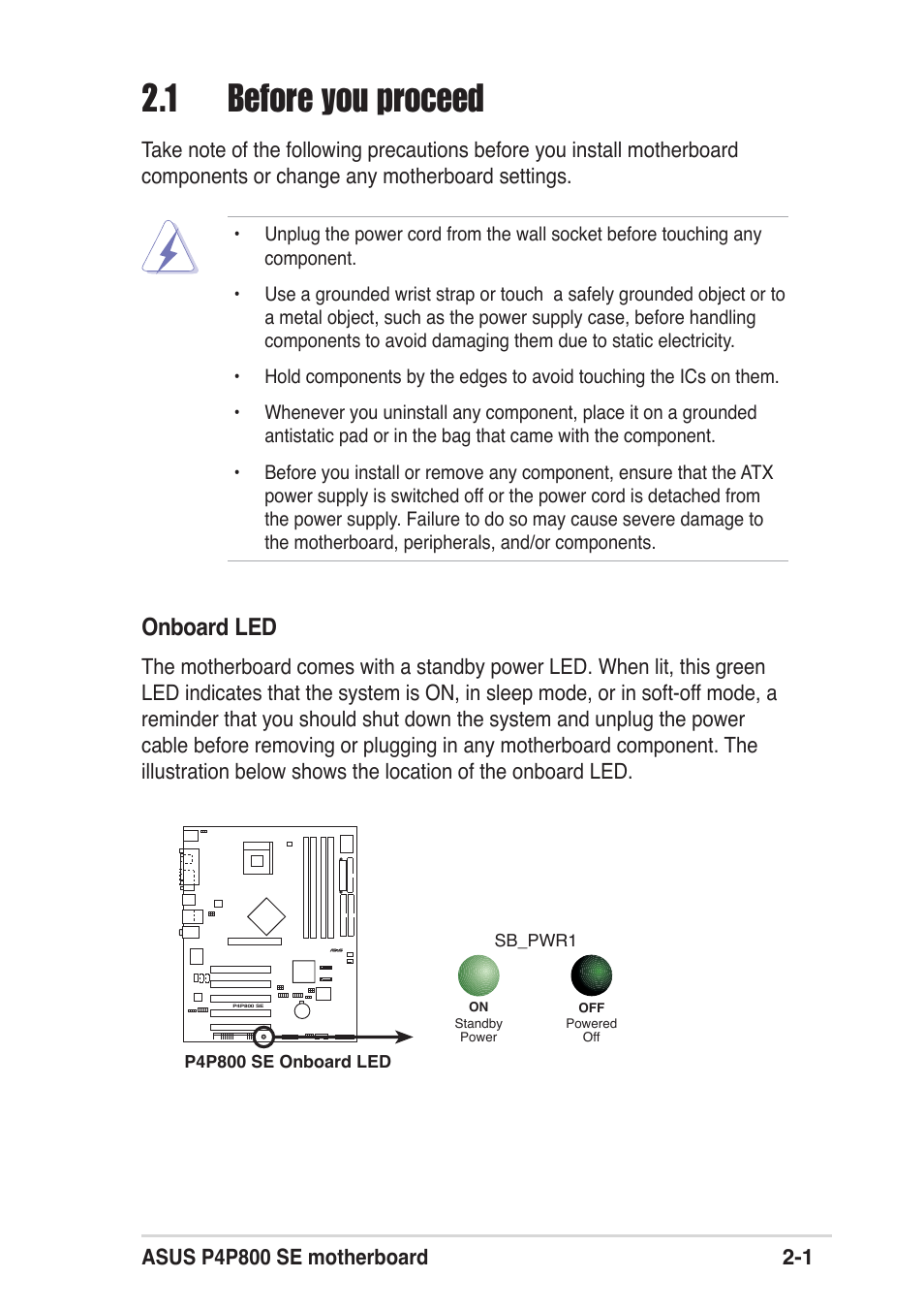 1 before you proceed, Onboard led | Asus P4P800 SE User Manual | Page 23 / 125