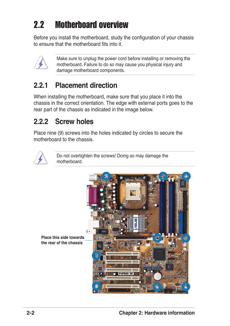 2 motherboard overview, 1 placement direction, 2 screw holes | Asus P4P800 SE User Manual | Page 24 / 125