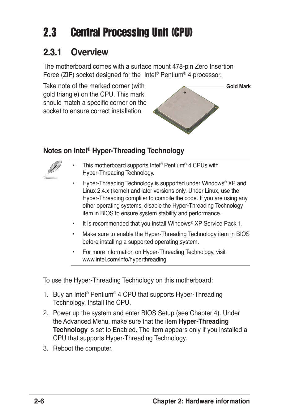 3 central processing unit (cpu), 1 overview, Hyper-threading technology | Asus P4P800 SE User Manual | Page 28 / 125