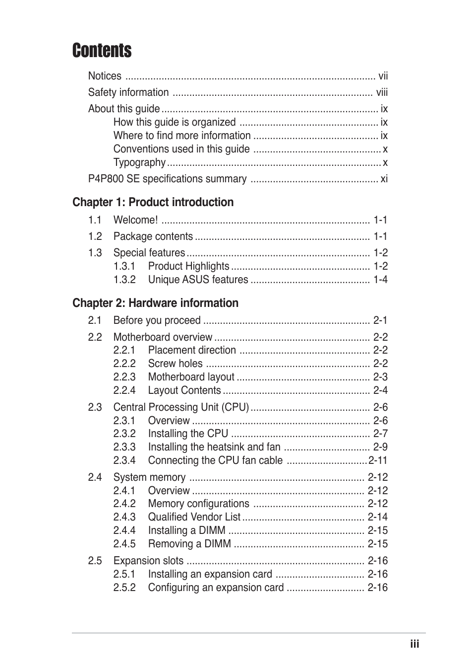 Asus P4P800 SE User Manual | Page 3 / 125