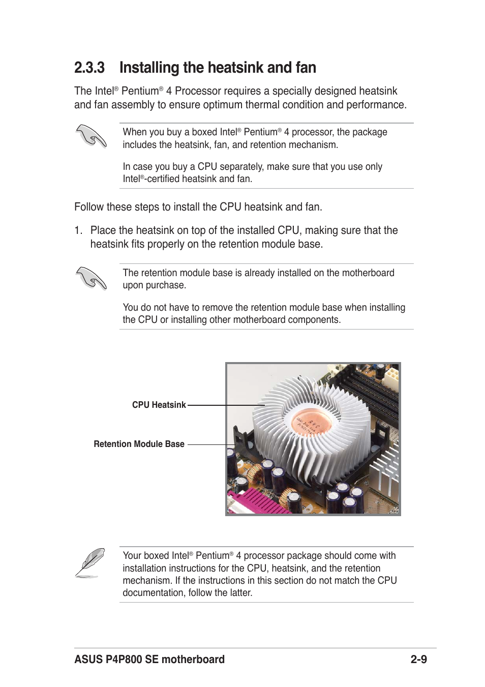 3 installing the heatsink and fan | Asus P4P800 SE User Manual | Page 31 / 125