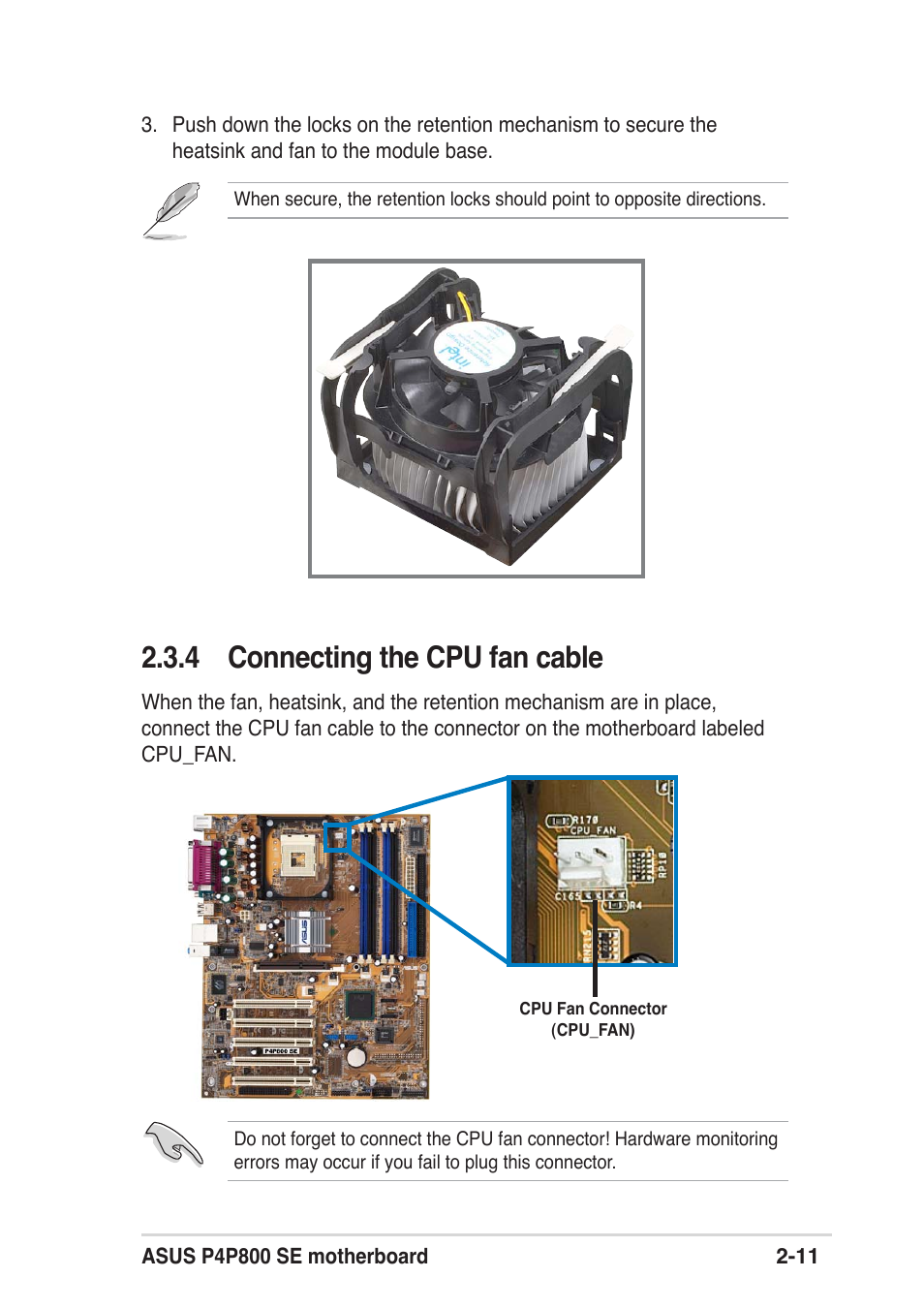 4 connecting the cpu fan cable | Asus P4P800 SE User Manual | Page 33 / 125