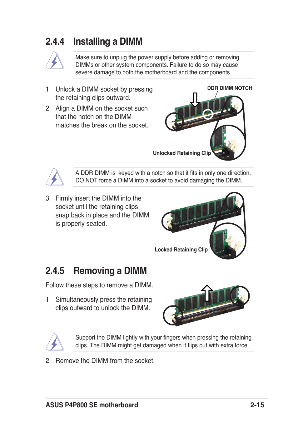 4 installing a dimm 2.4.5 removing a dimm | Asus P4P800 SE User Manual | Page 37 / 125