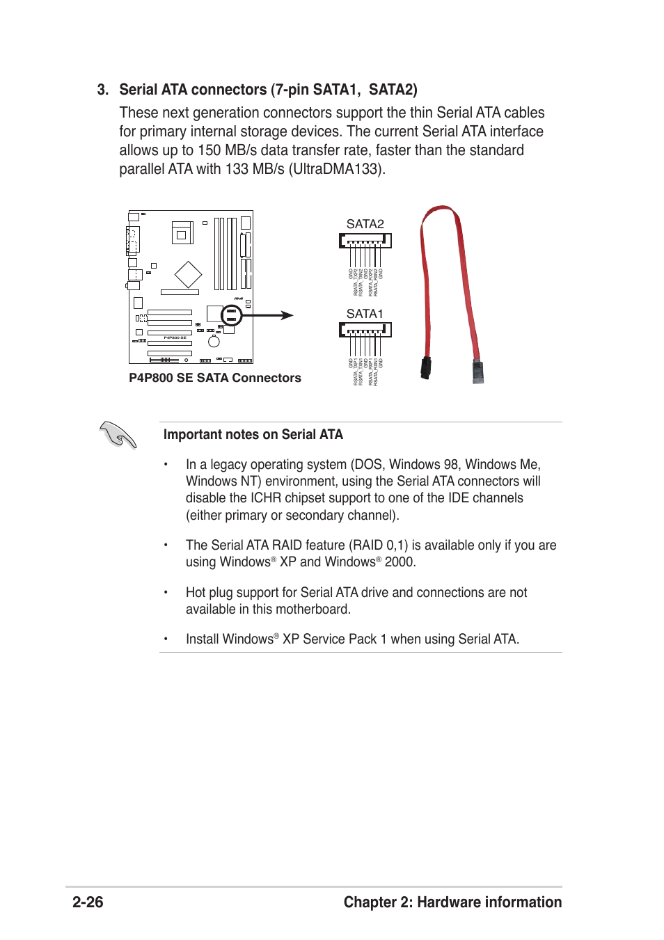 Xp and windows, Xp service pack 1 when using serial ata, Sata1 | Asus P4P800 SE User Manual | Page 48 / 125