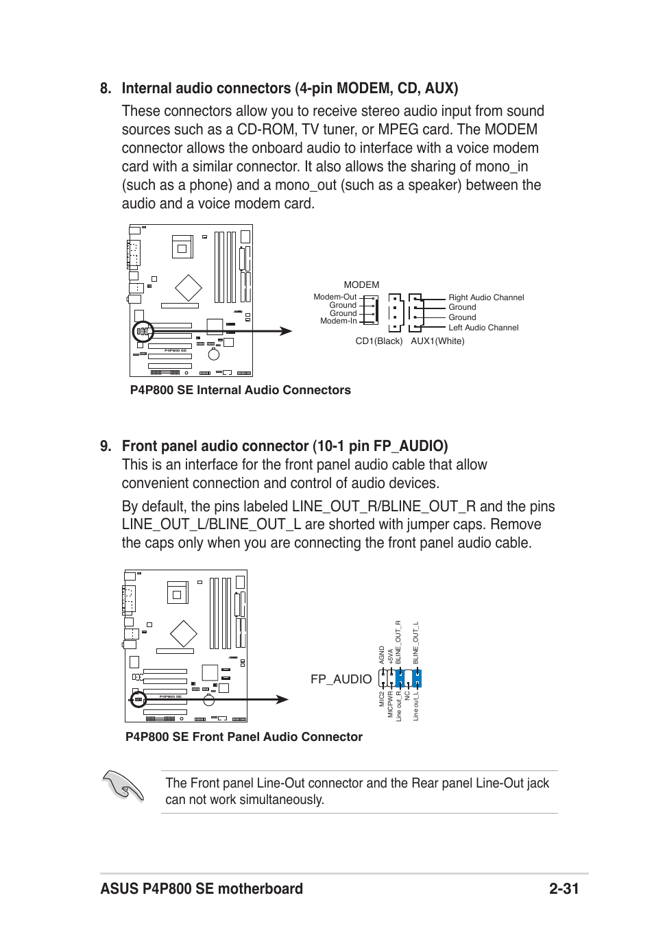 P4p800 se internal audio connectors, P4p800 se front panel audio connector fp_audio | Asus P4P800 SE User Manual | Page 53 / 125