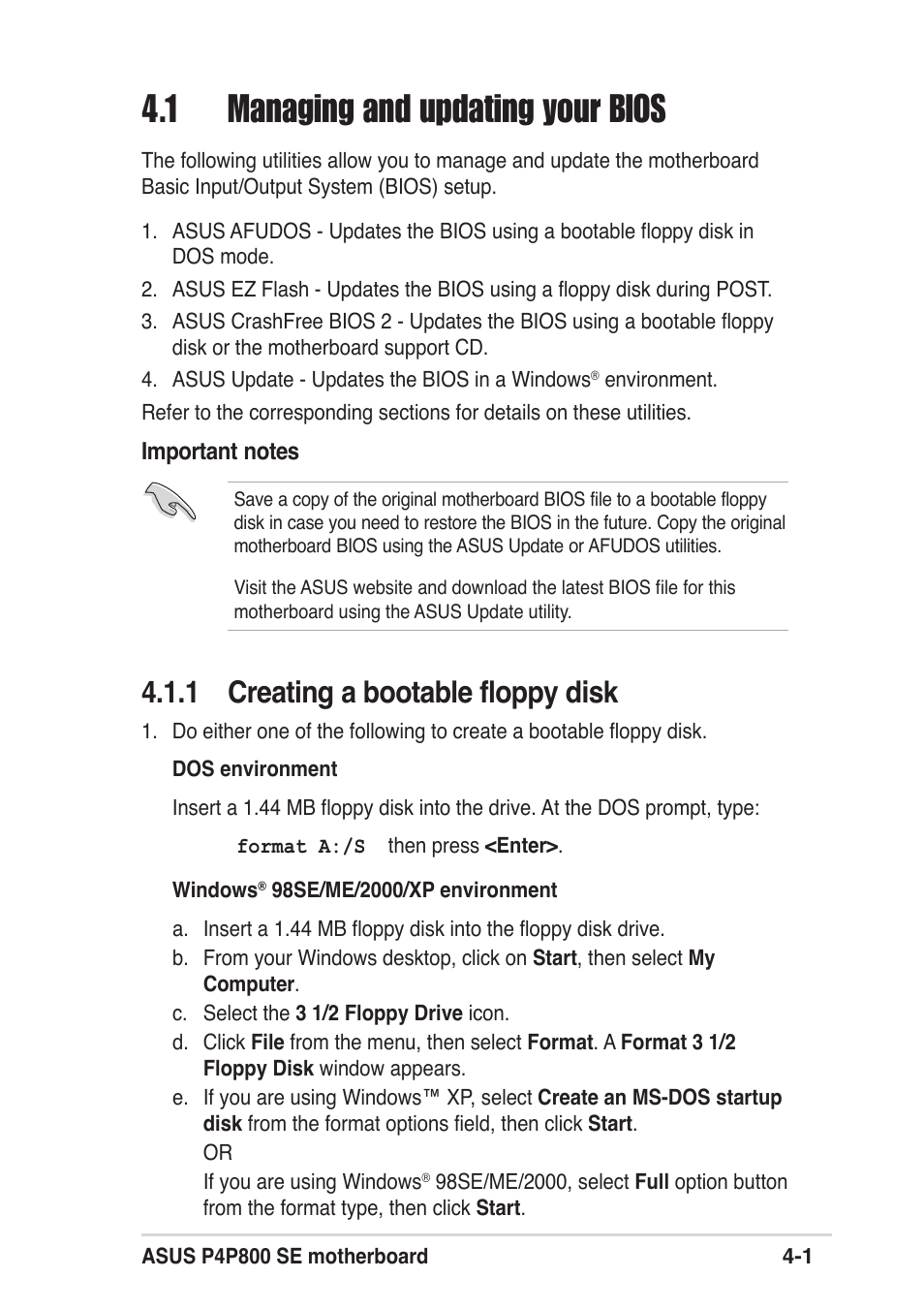 1 managing and updating your bios, 1 creating a bootable floppy disk | Asus P4P800 SE User Manual | Page 63 / 125