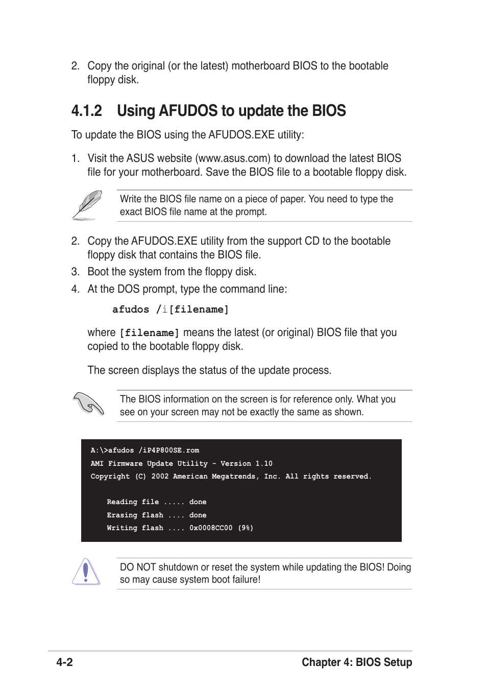 2 using afudos to update the bios | Asus P4P800 SE User Manual | Page 64 / 125