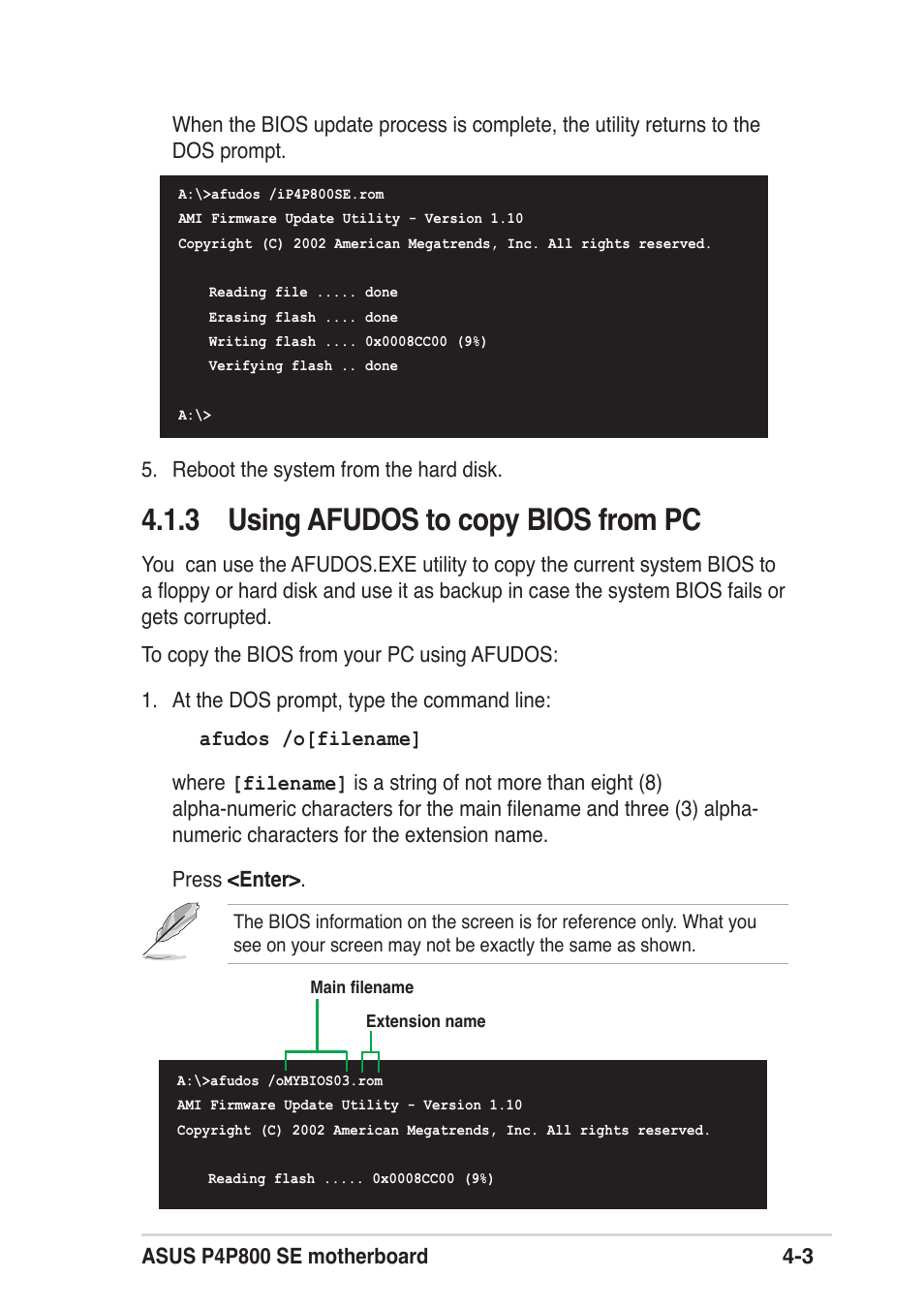 3 using afudos to copy bios from pc | Asus P4P800 SE User Manual | Page 65 / 125