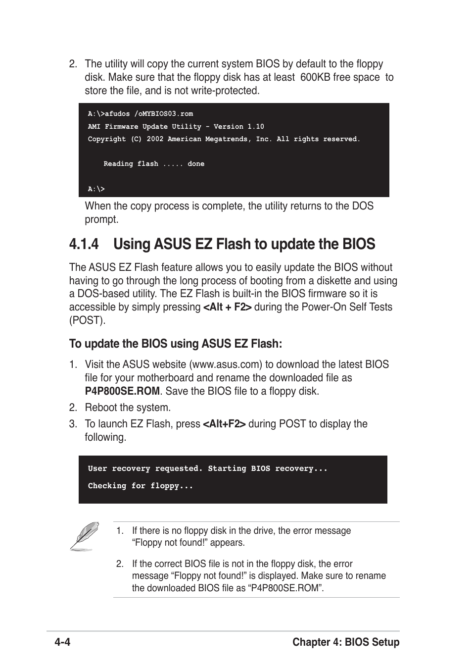 4 using asus ez flash to update the bios | Asus P4P800 SE User Manual | Page 66 / 125