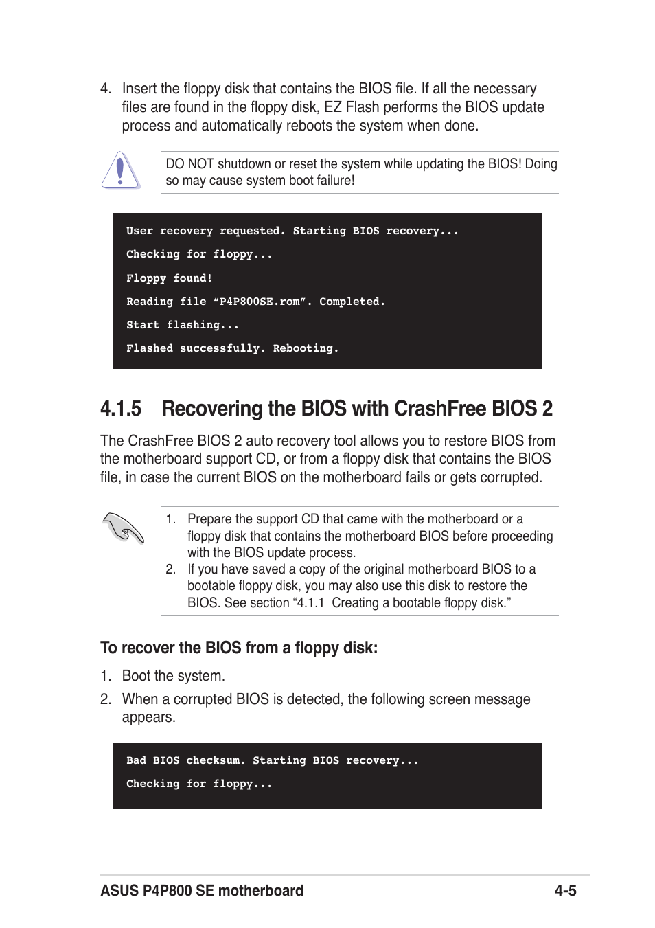 5 recovering the bios with crashfree bios 2 | Asus P4P800 SE User Manual | Page 67 / 125