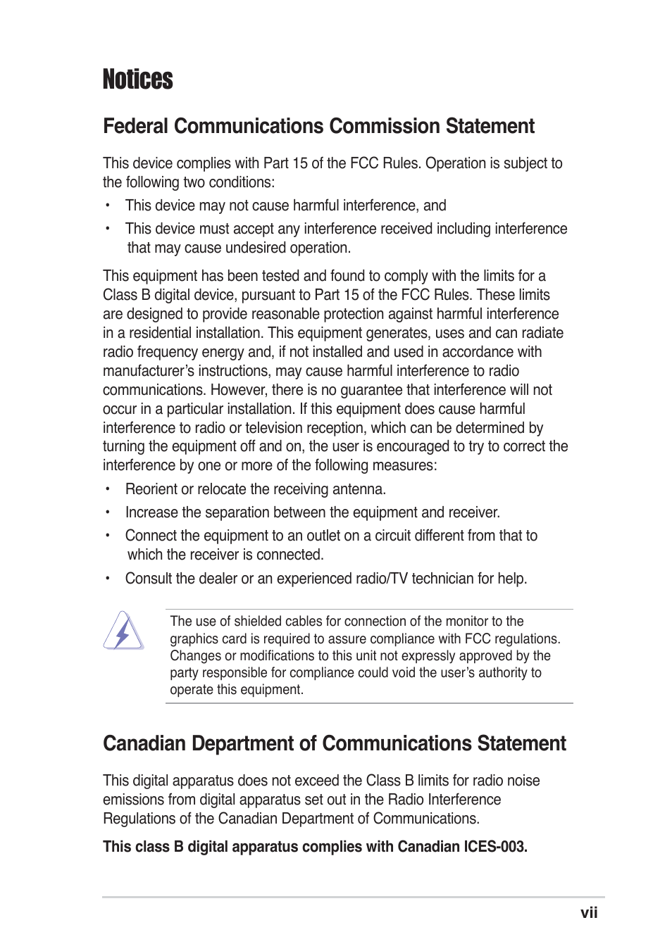 Notices, Federal communications commission statement, Canadian department of communications statement | Asus P4P800 SE User Manual | Page 7 / 125