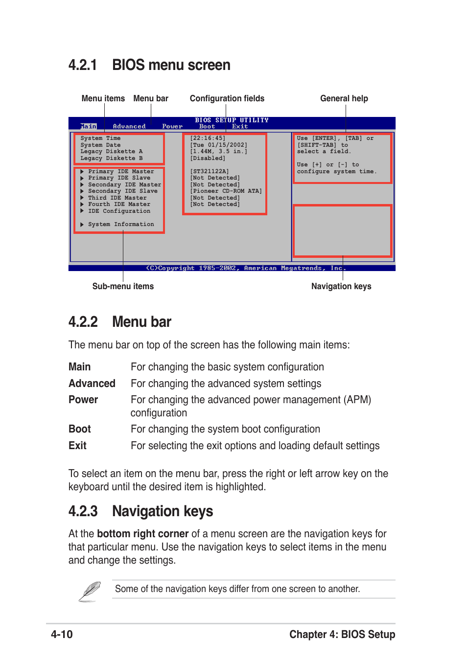 2 menu bar, 1 bios menu screen, 3 navigation keys | 10 chapter 4: bios setup | Asus P4P800 SE User Manual | Page 72 / 125