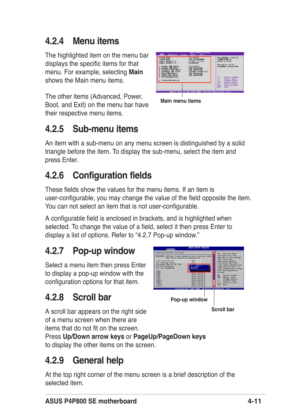 4 menu items, 5 sub-menu items, 6 configuration fields | 7 pop-up window, 8 scroll bar, 9 general help | Asus P4P800 SE User Manual | Page 73 / 125