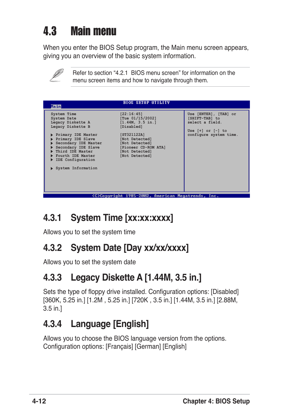 3 main menu, 4 language [english, 12 chapter 4: bios setup | Allows you to set the system time, Allows you to set the system date | Asus P4P800 SE User Manual | Page 74 / 125