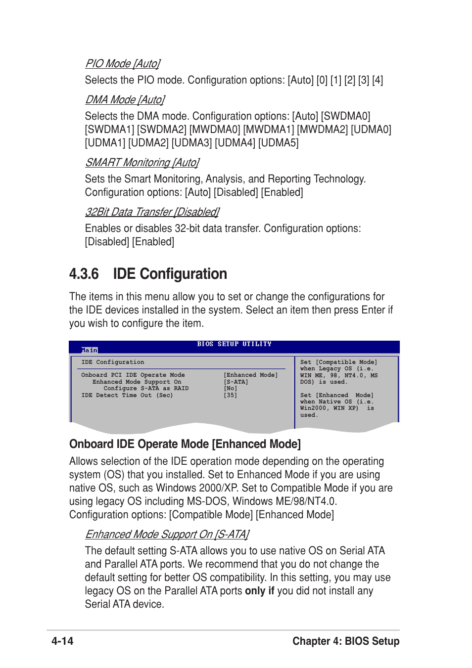 6 ide configuration, Onboard ide operate mode [enhanced mode | Asus P4P800 SE User Manual | Page 76 / 125