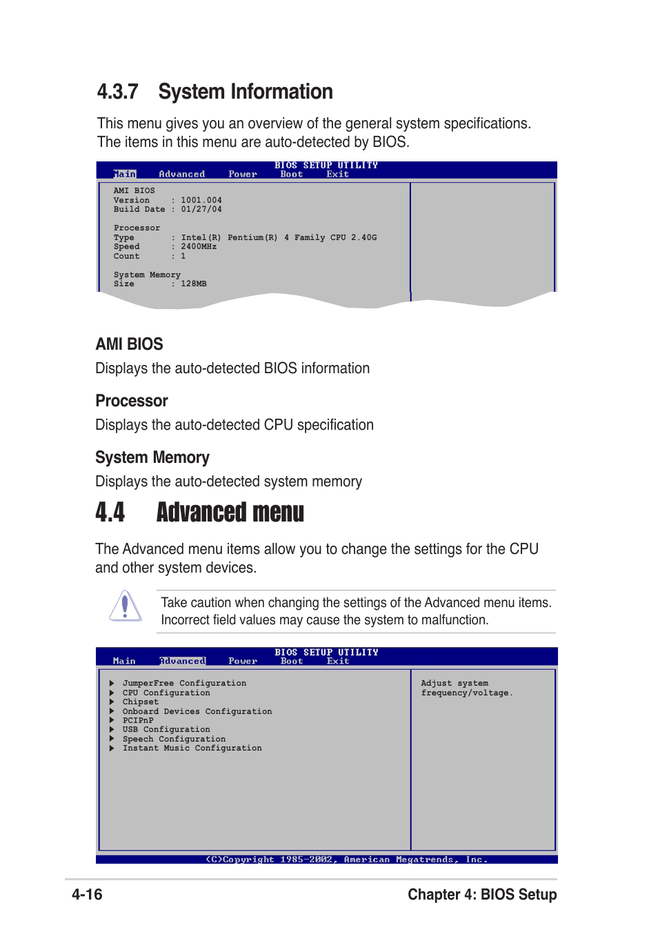 4 advanced menu, 7 system information | Asus P4P800 SE User Manual | Page 78 / 125