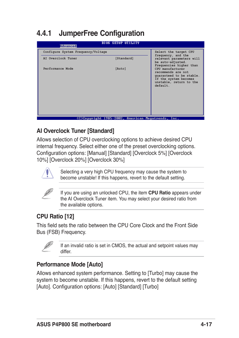 1 jumperfree configuration, Ai overclock tuner [standard, Cpu ratio [12 | Performance mode [auto | Asus P4P800 SE User Manual | Page 79 / 125