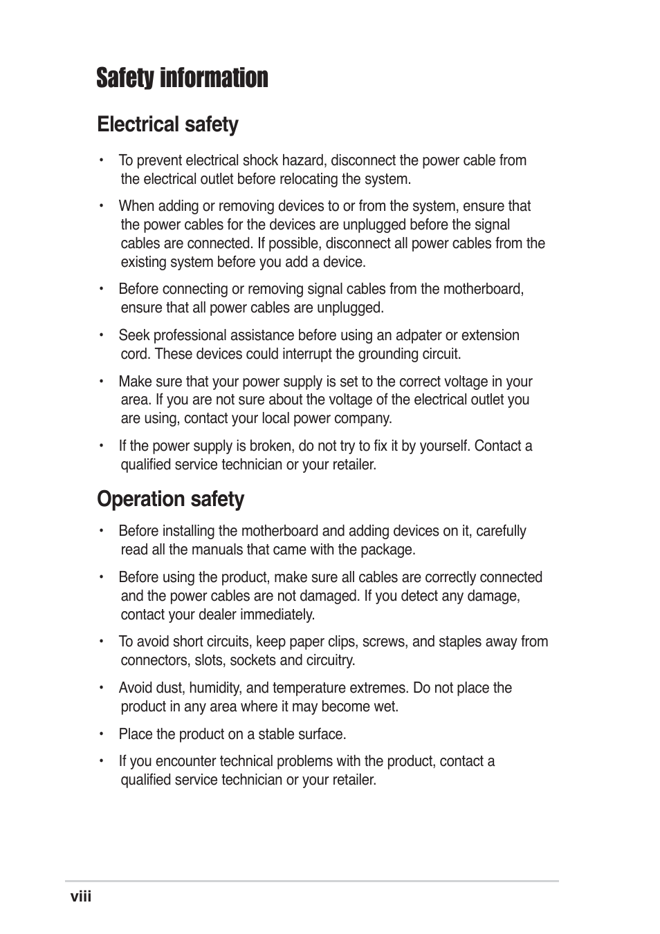 Safety information, Electrical safety, Operation safety | Asus P4P800 SE User Manual | Page 8 / 125