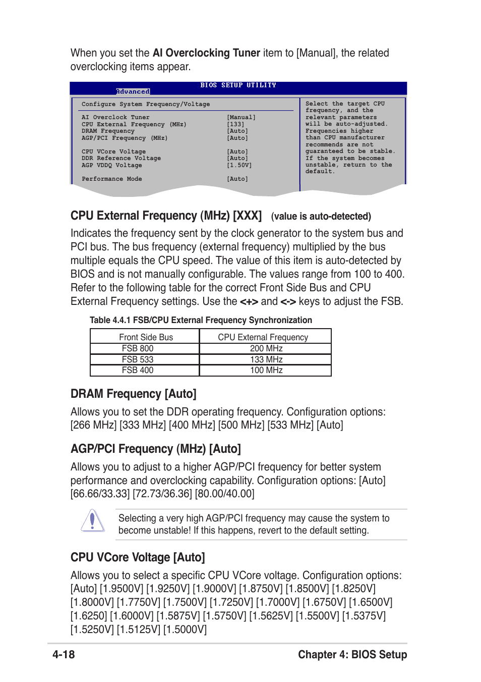 Cpu vcore voltage [auto, Dram frequency [auto, Agp/pci frequency (mhz) [auto | Cpu external frequency (mhz) [xxx, 18 chapter 4: bios setup | Asus P4P800 SE User Manual | Page 80 / 125