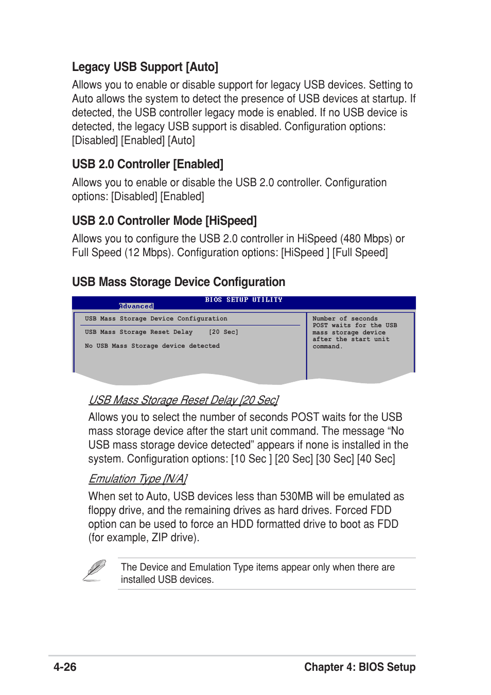 Usb mass storage device configuration, Legacy usb support [auto, Usb 2.0 controller [enabled | Usb 2.0 controller mode [hispeed | Asus P4P800 SE User Manual | Page 88 / 125