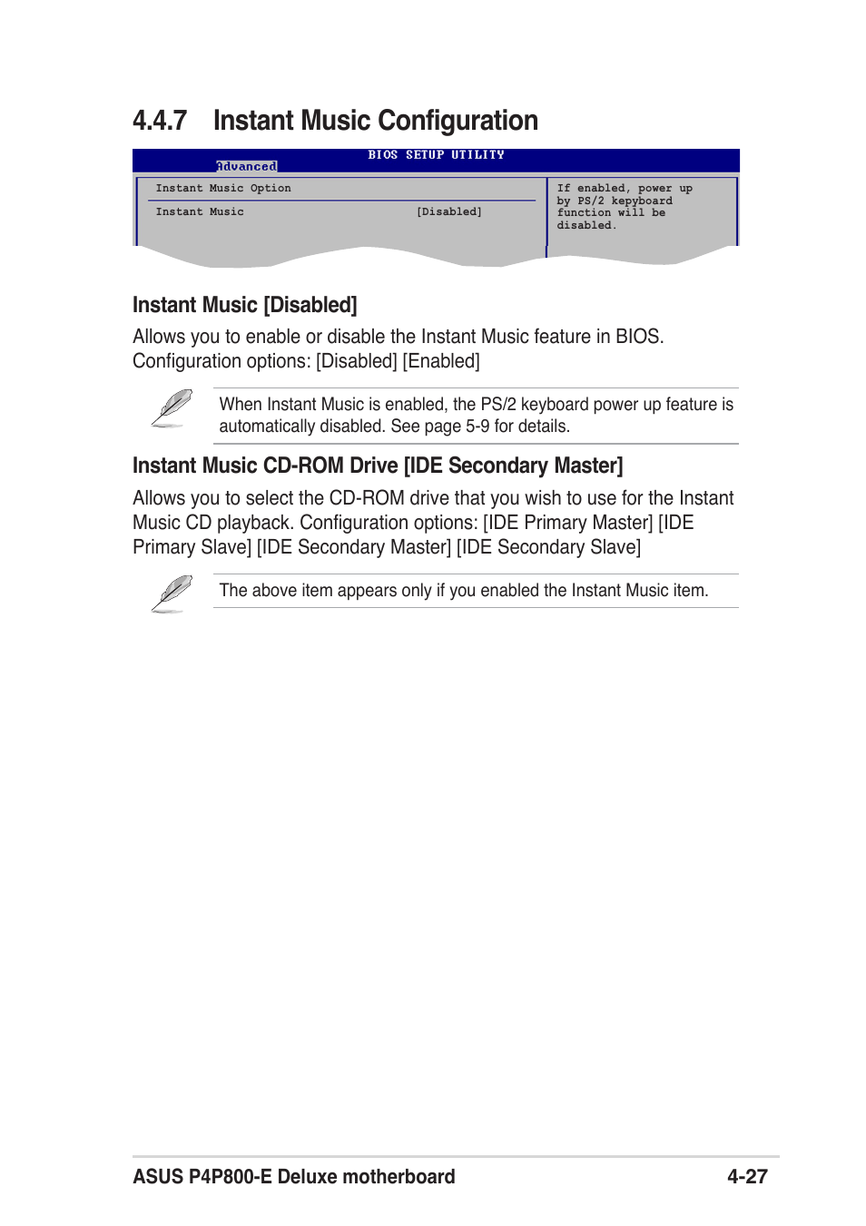 7 instant music configuration, Instant music [disabled, Instant music cd-rom drive [ide secondary master | Asus P4P800 SE User Manual | Page 89 / 125