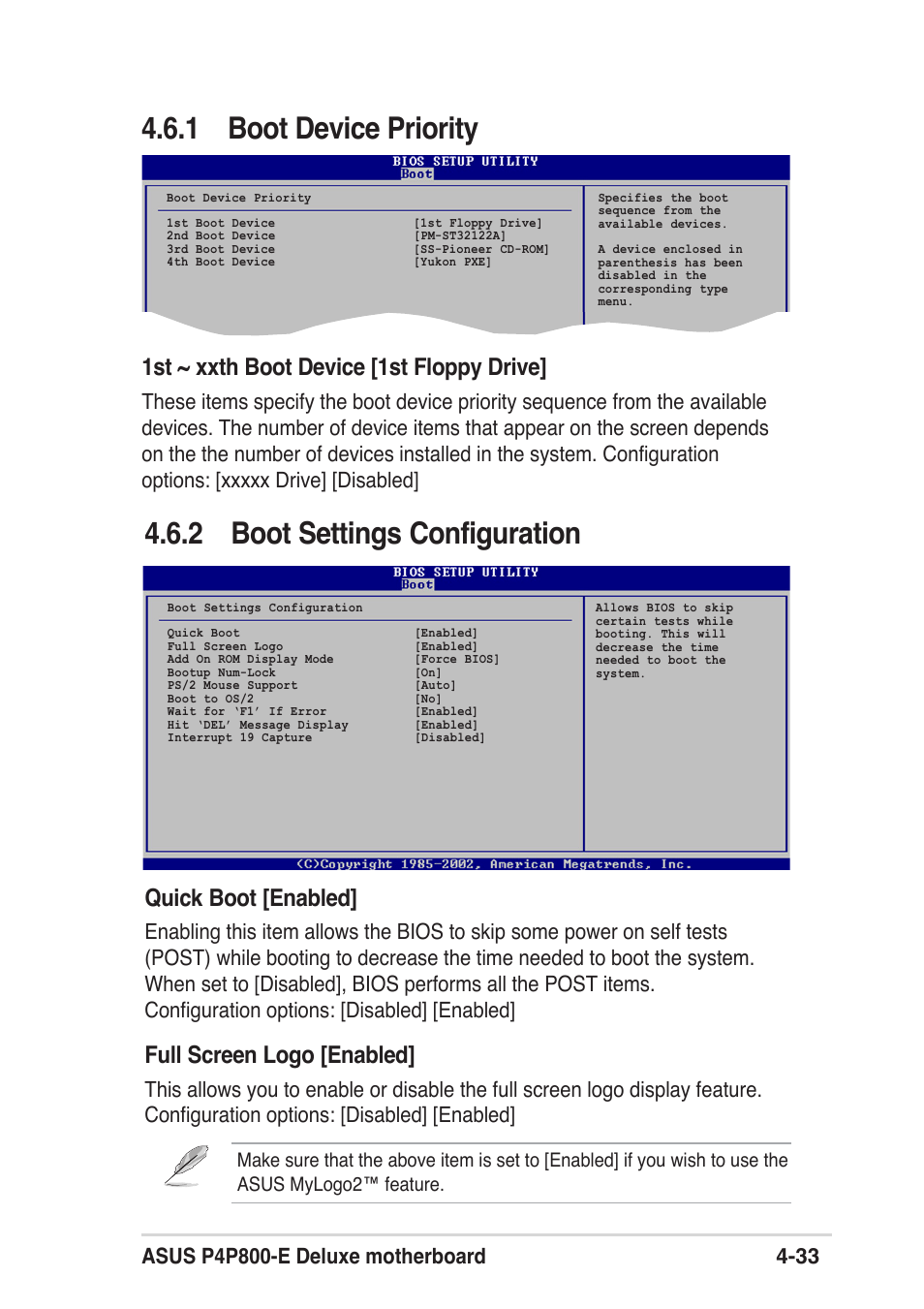 1 boot device priority, 2 boot settings configuration, 1st ~ xxth boot device [1st floppy drive | Quick boot [enabled, Full screen logo [enabled | Asus P4P800 SE User Manual | Page 95 / 125