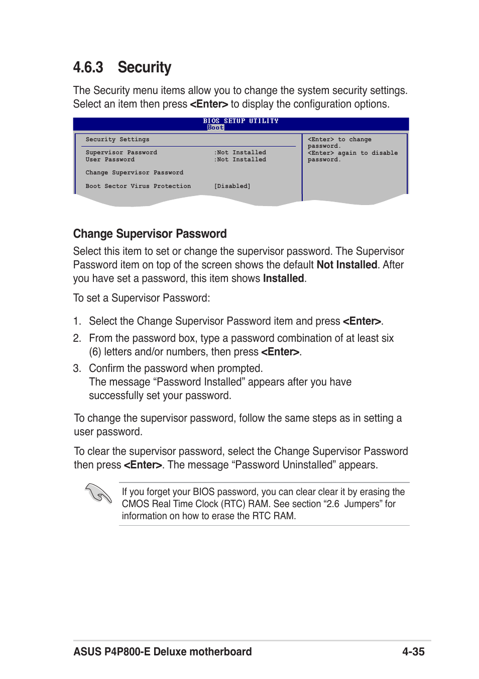 3 security, Change supervisor password | Asus P4P800 SE User Manual | Page 97 / 125