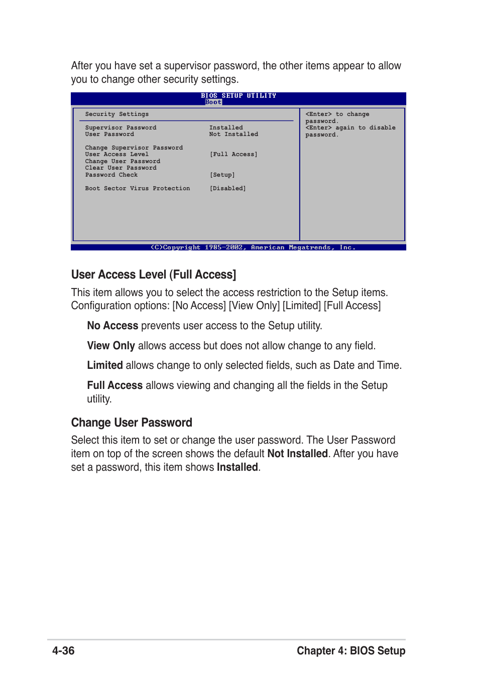 User access level (full access, Change user password | Asus P4P800 SE User Manual | Page 98 / 125