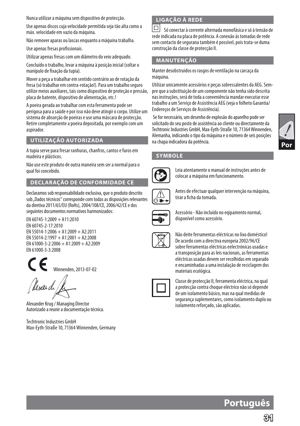 Português | AEG MF 1400 KE User Manual | Page 33 / 76