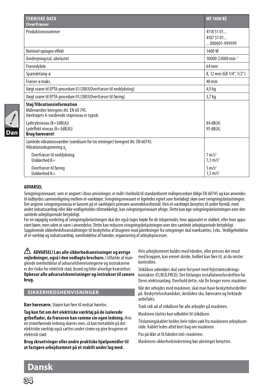 Dansk | AEG MF 1400 KE User Manual | Page 36 / 76